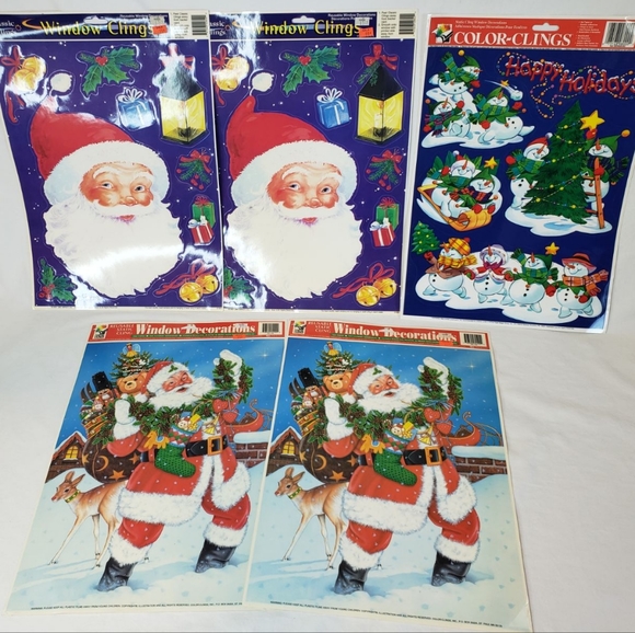 Five (5) BRAND NEW Vtg Sheets Christmas Holiday STATIC CLING Window Decorations - Picture 1 of 11
